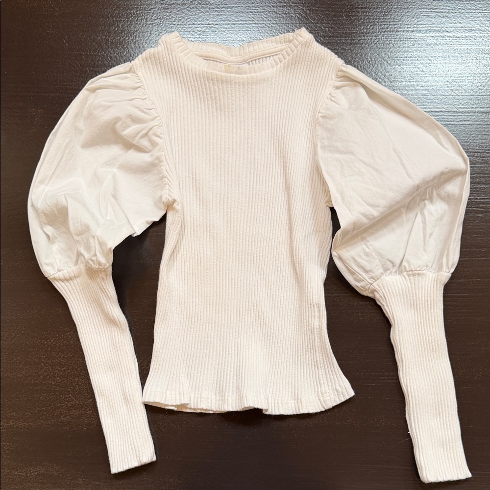 Zara Cream Ribbed Puff-Sleeve Long Sleeve Top
